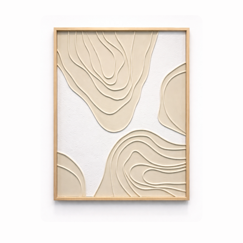 Minimalist textured wall art with beige contour lines on white canvas in natural wood frame