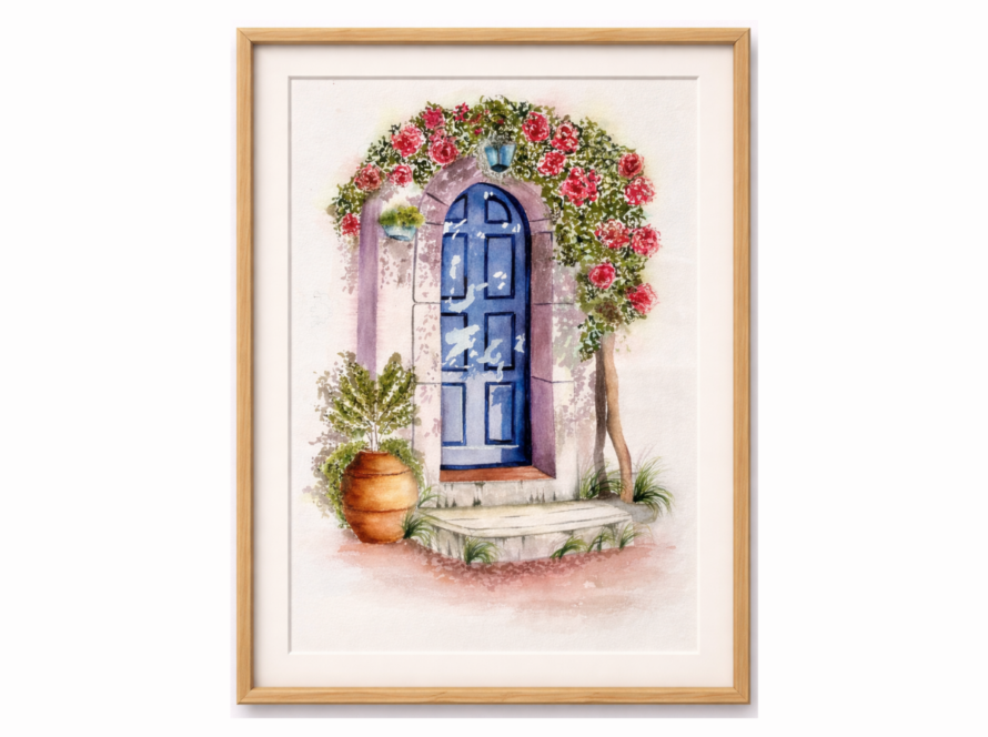 Watercolor wall art with blue door and floral arch in soft pastel tones - Floral Wall Art
