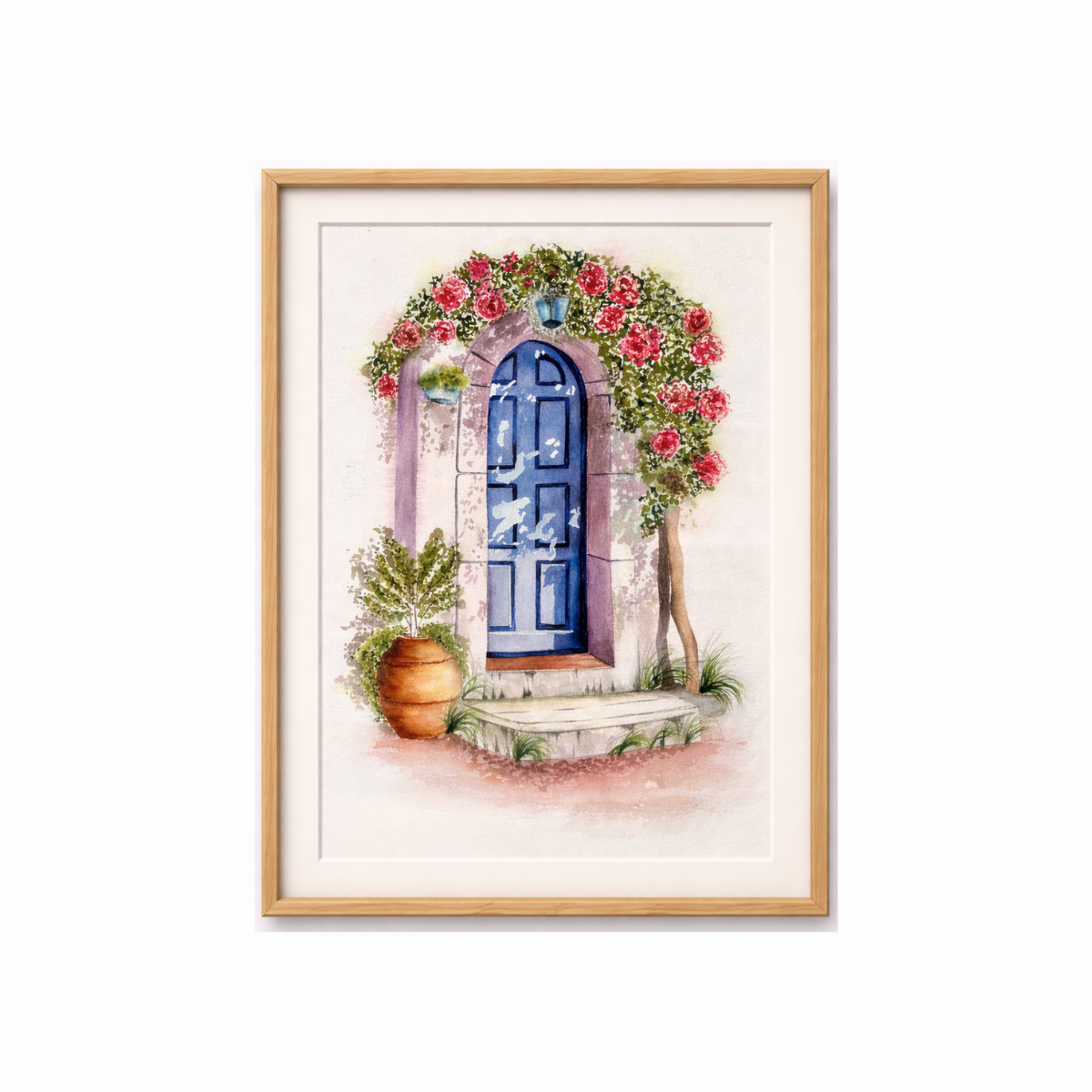 Watercolor wall art with blue door and floral arch in soft pastel tones - Floral Wall Art