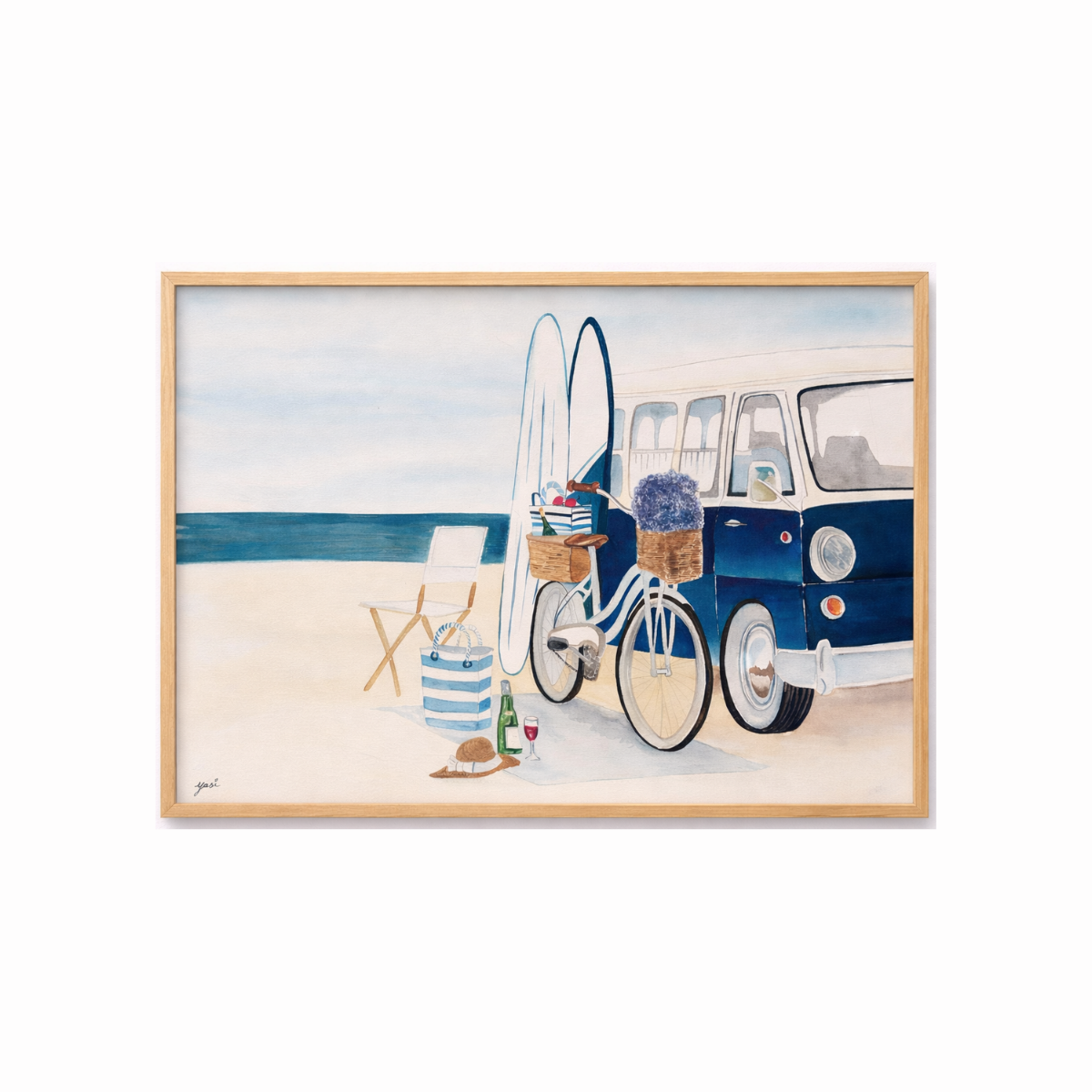 Coastal wall art with vintage van, surfboards, and beach scene in soft watercolor style