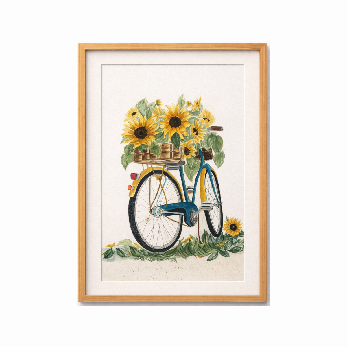 Wall art with bicycle carrying sunflowers in basket, watercolor style illustration - sunflower wall art