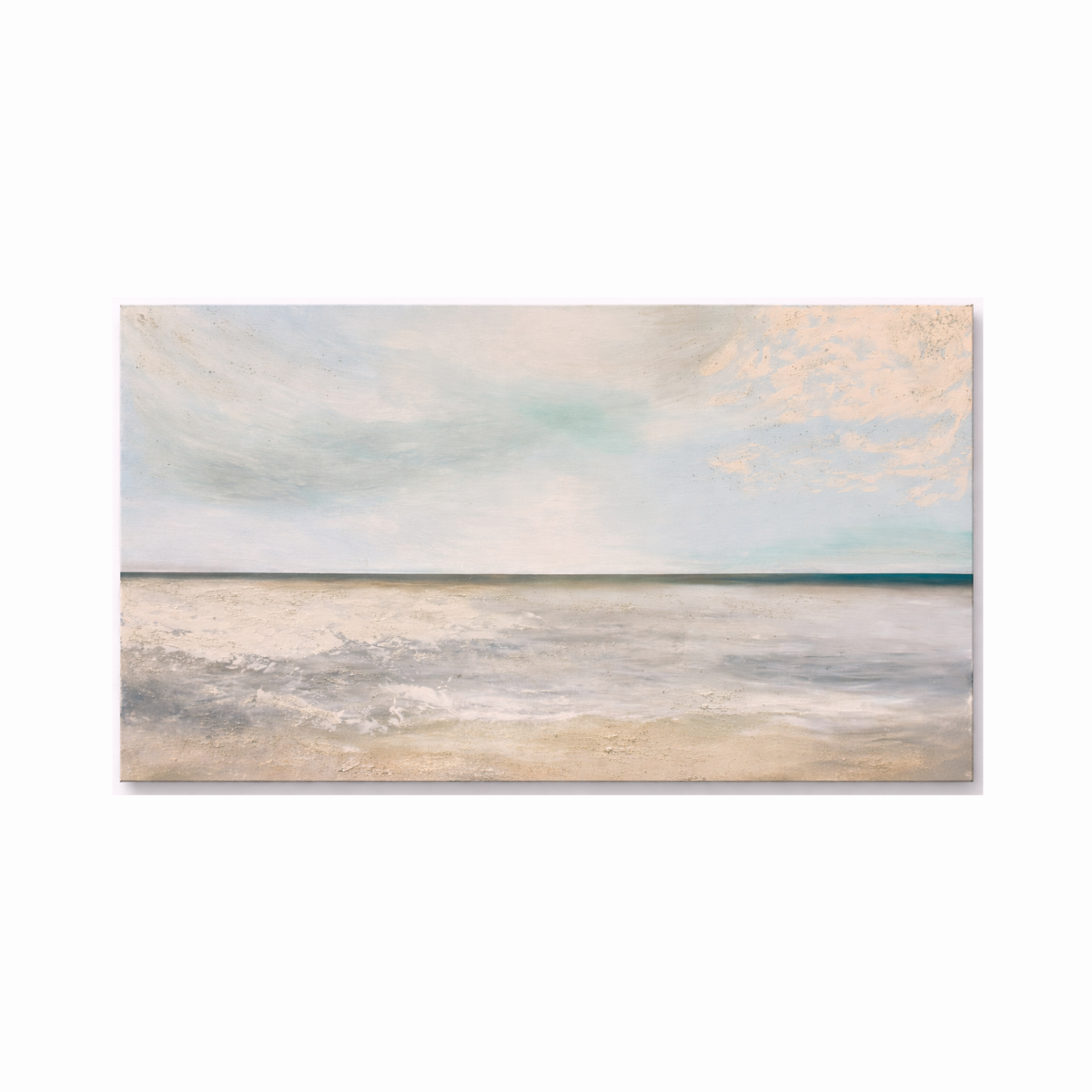 Large coastal wall art with soft ocean horizon and neutral tones in minimalist style