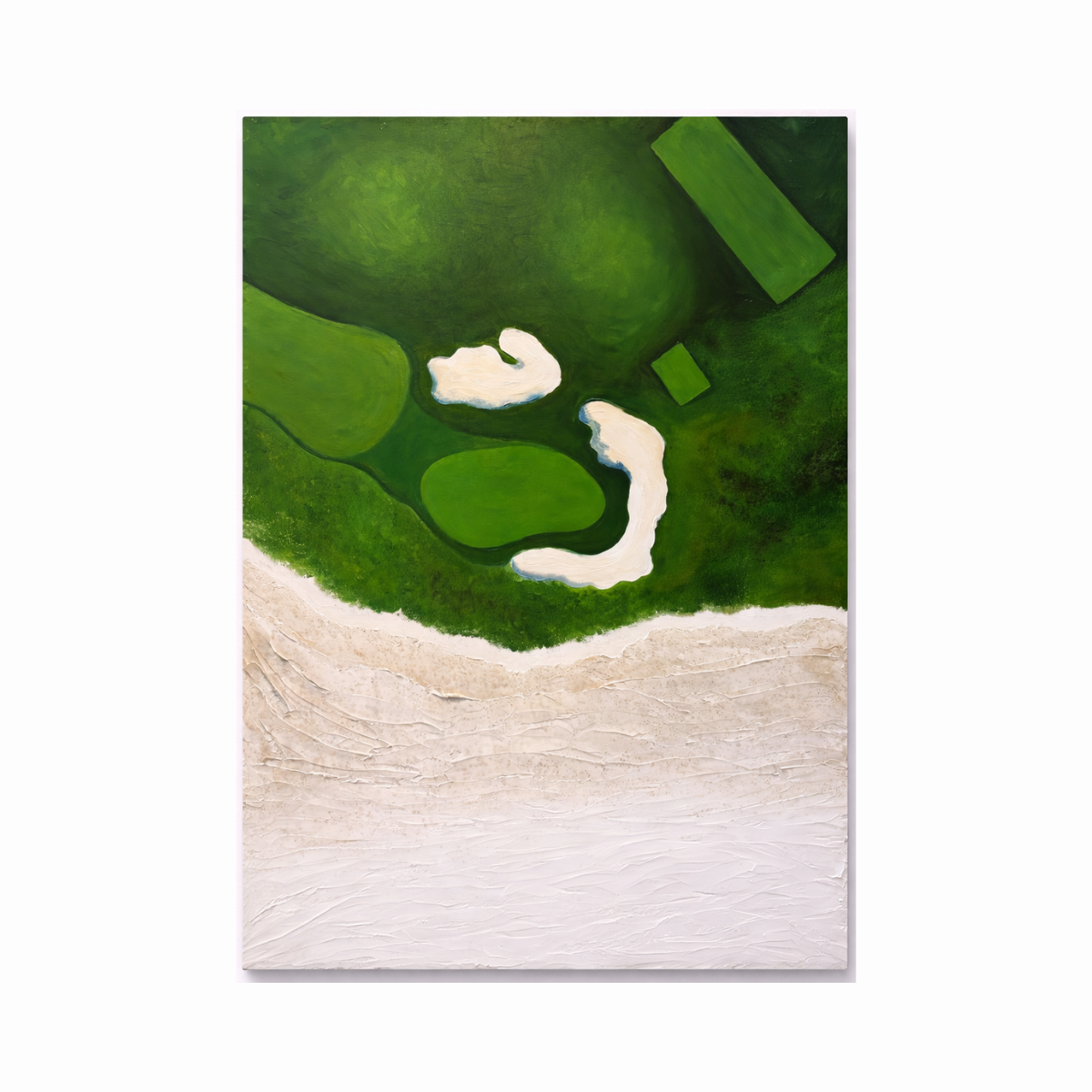 Abstract coastal painting with green landscape shapes and textured sandy shoreline in acrylic