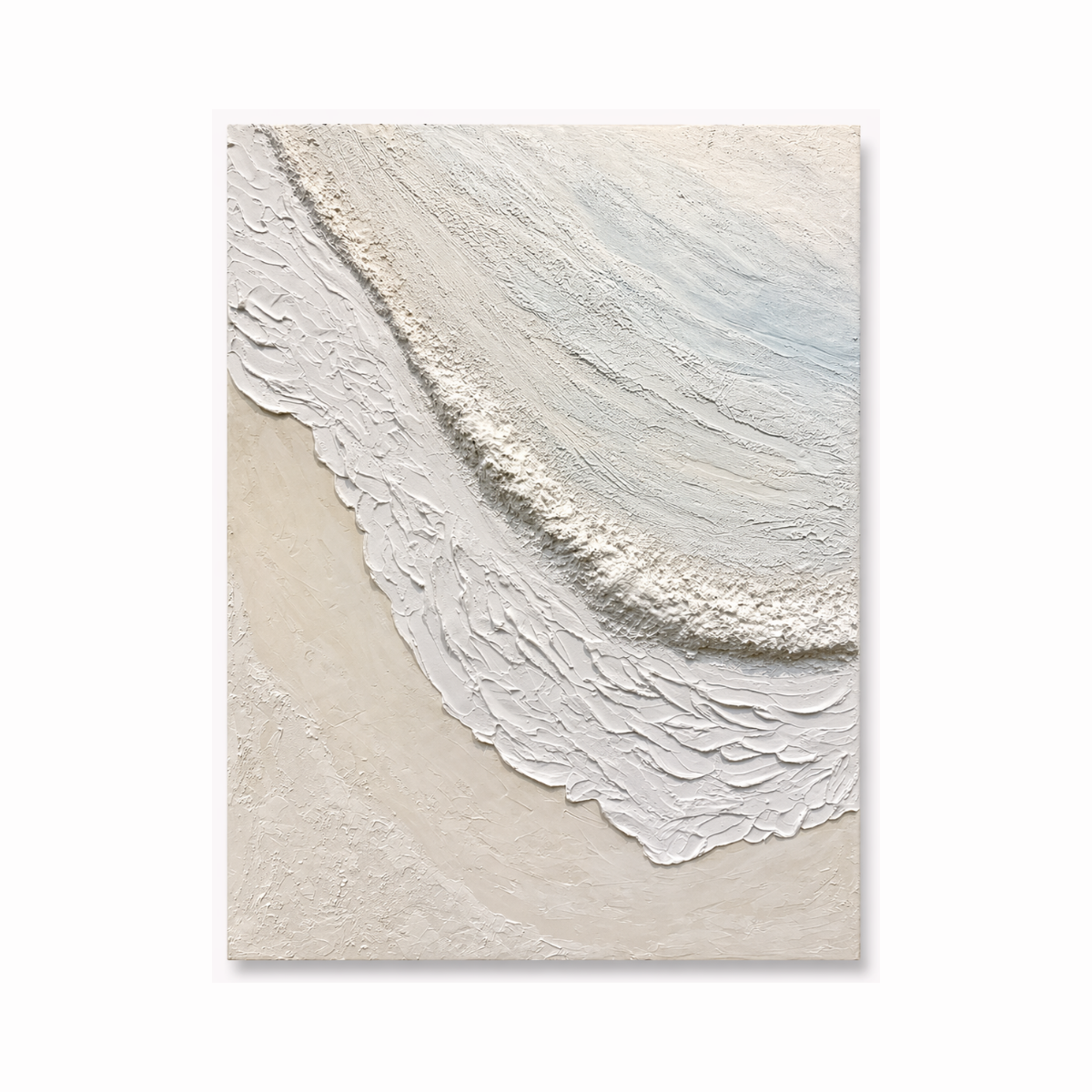 Textured coastal wall art with white waves and neutral sand tones in acrylic painting