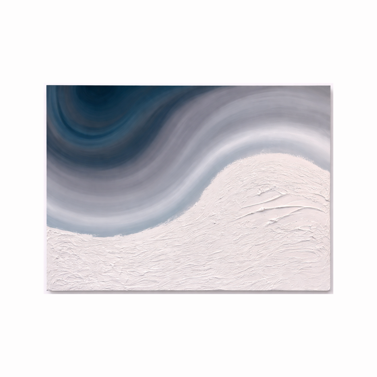 Abstract coastal wall art with blue wave movement and textured white shoreline in acrylic painting