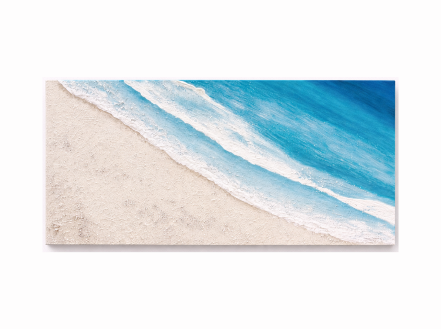Textured coastal beach wall art with turquoise waves and sandy shoreline in acrylic painting