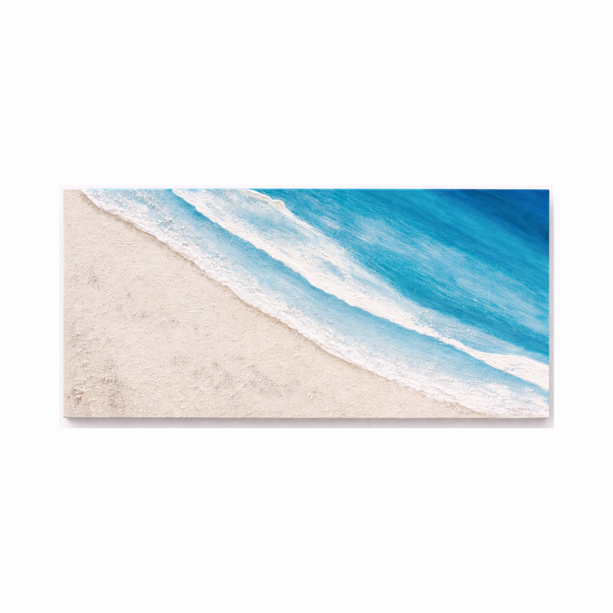 Textured coastal beach wall art with turquoise waves and sandy shoreline in acrylic painting