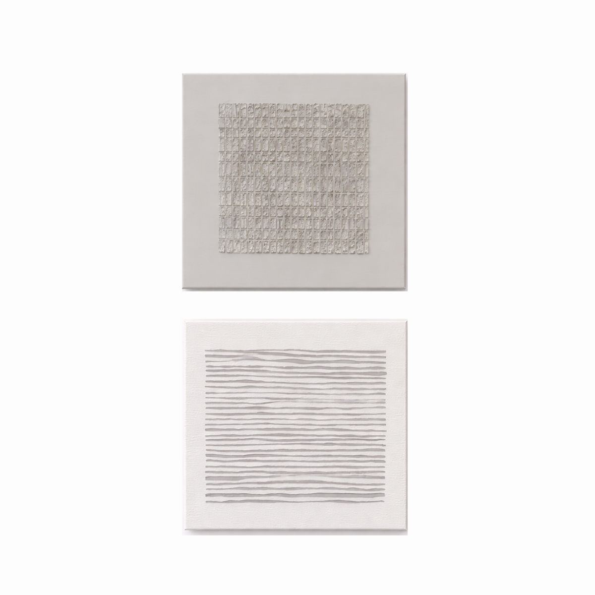 Minimalist textured diptych wall art with geometric grid and horizontal lines in neutral acrylic panels