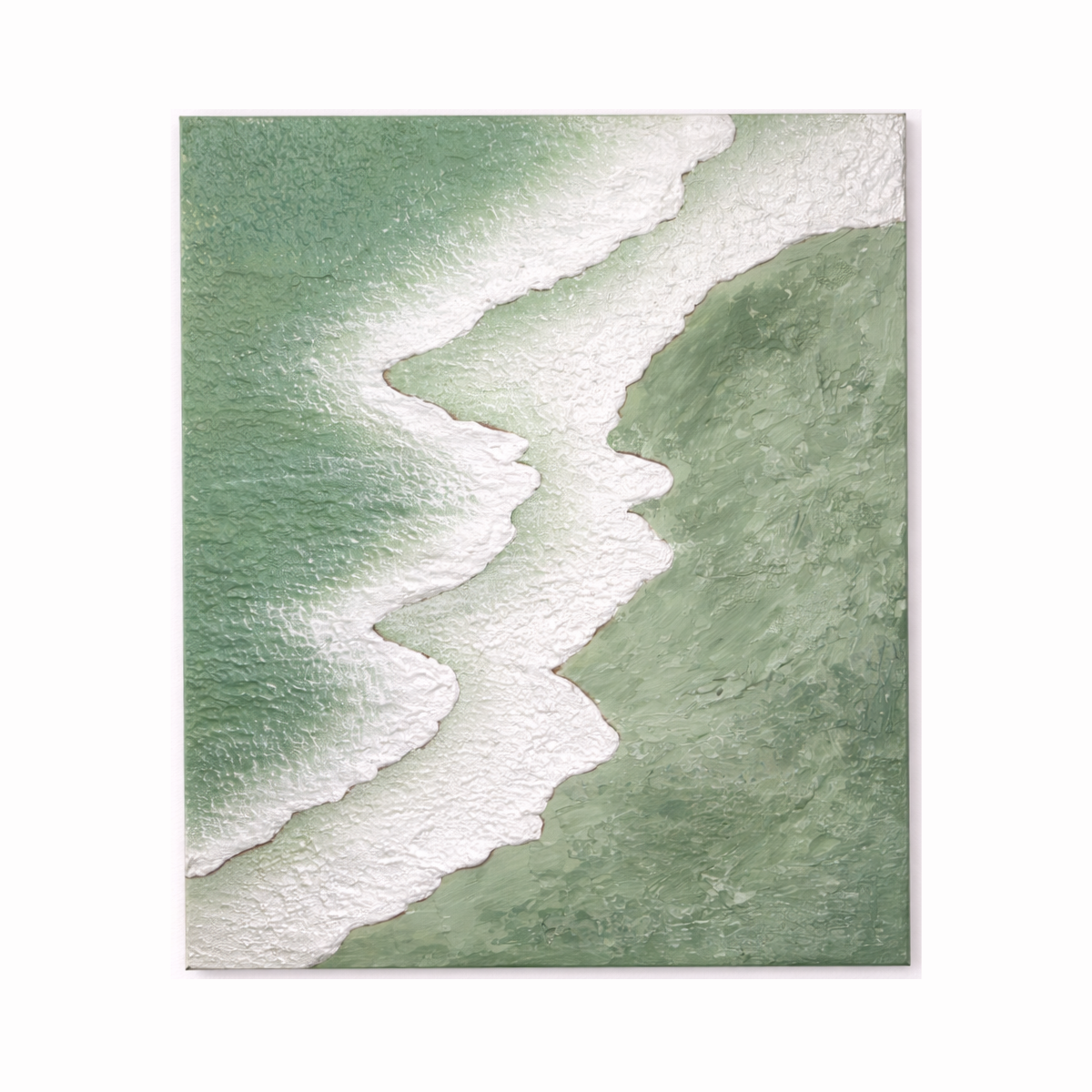 Textured coastal artwork with soft green tones and sculpted white waves