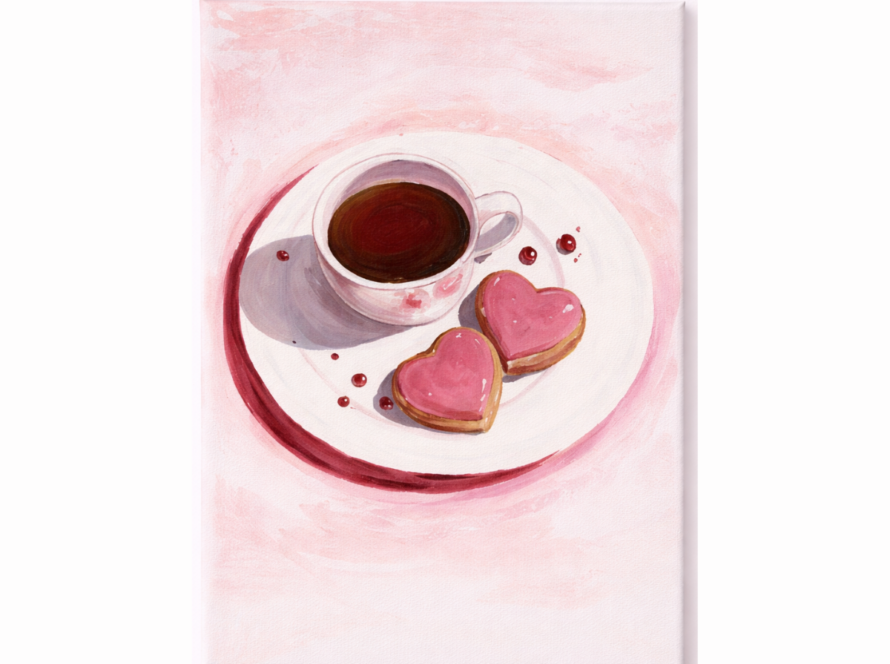 Elegant still-life artwork featuring coffee and heart-shaped pastries in soft blush tones