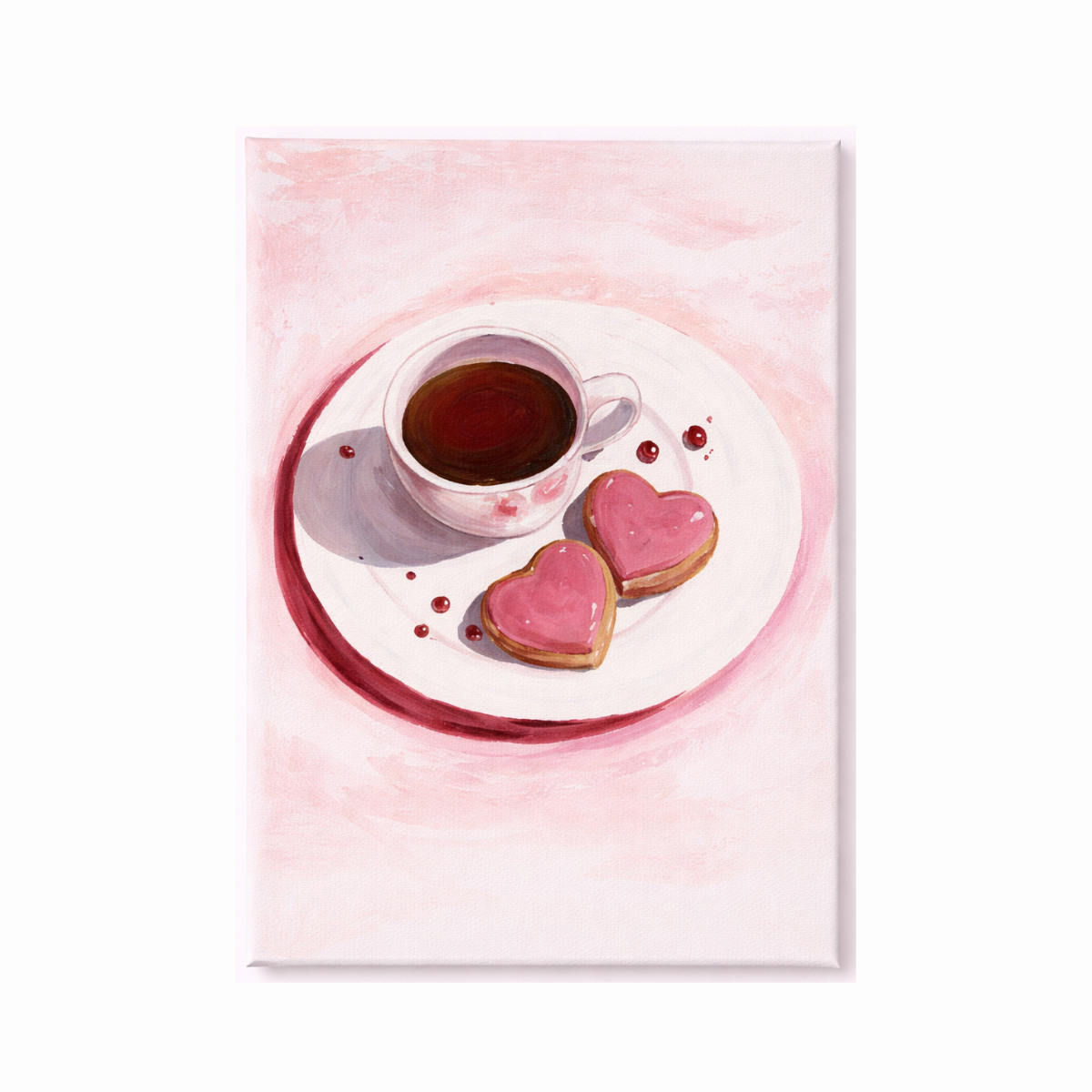 Elegant still-life artwork featuring coffee and heart-shaped pastries in soft blush tones