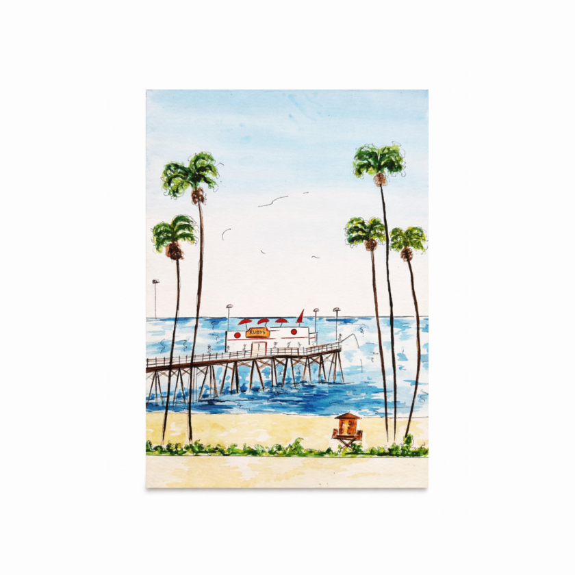 Watercolor style coastal wall art with palm trees and pier over blue ocean - Palm Tree Watercolor