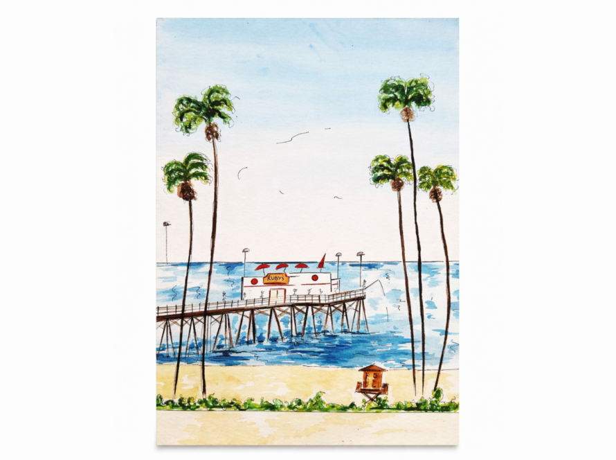 Watercolor style coastal wall art with palm trees and pier over blue ocean - Palm Tree Watercolor