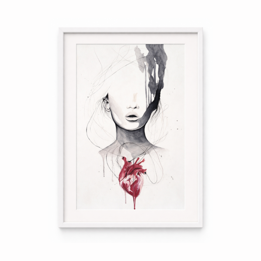 Abstract portrait wall art with minimal face lines and red anatomical heart detail