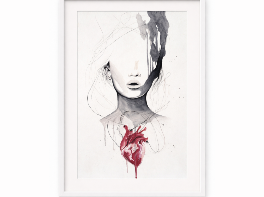 Abstract portrait wall art with minimal face lines and red anatomical heart detail