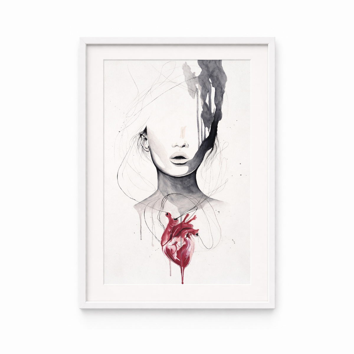 Abstract portrait wall art with minimal face lines and red anatomical heart detail