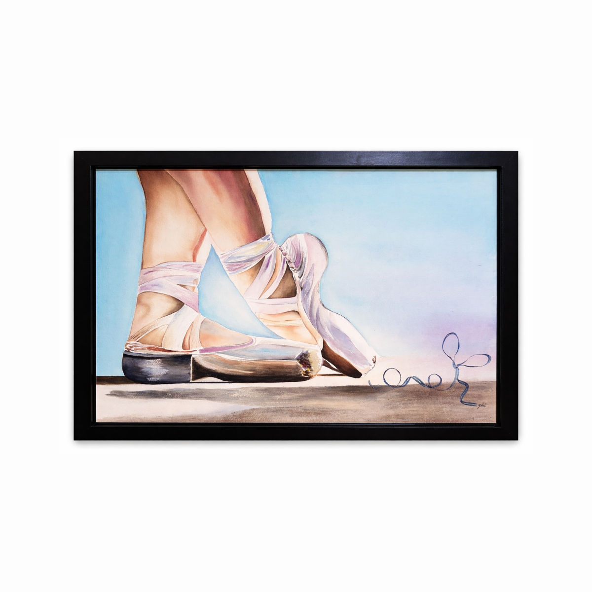 Watercolor wall art of ballet dancer feet in pointe shoes with soft pastel background - ballet wall art
